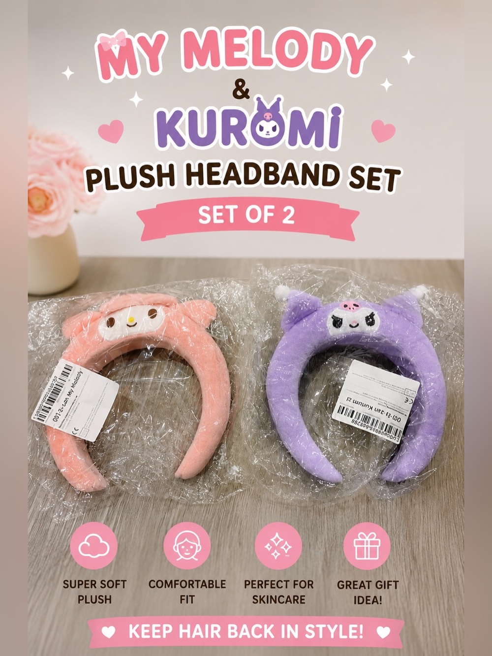 NWT My Melody & Kuromi Plush Headband Set | Skincare Spa Makeup Hair Accessories